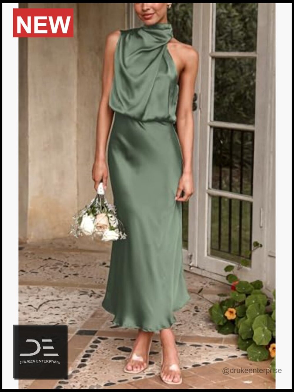 Elegant Sleeveless Mock Neck Maxi Dress with Satin Finish - Picture 4 of 7